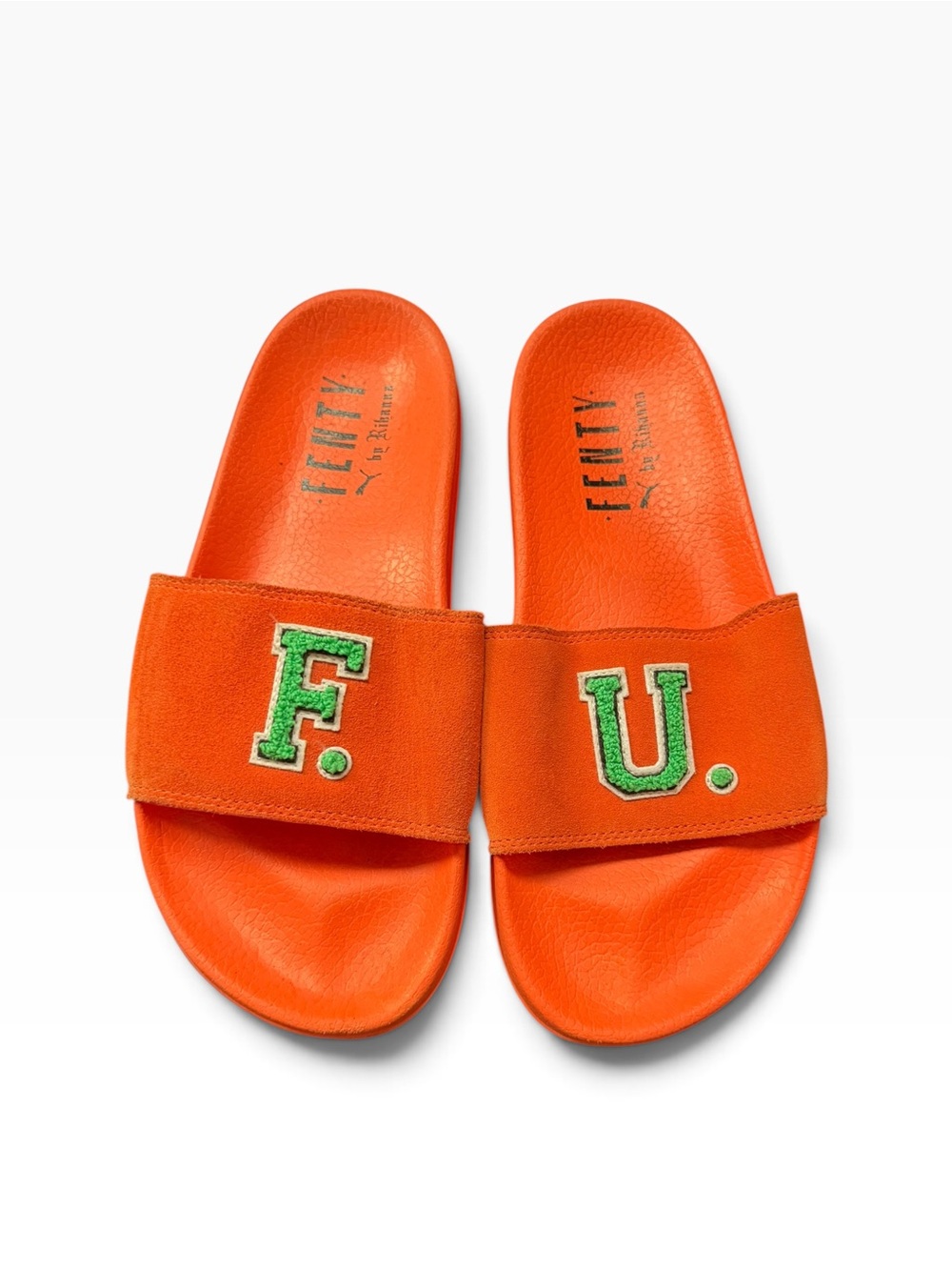 Rhianna Fenty Puma Slide Sandals with Green Lettering